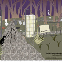 cat walking towards cemetery with ghosts