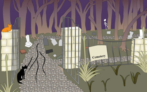 cat walking towards cemetery with ghosts