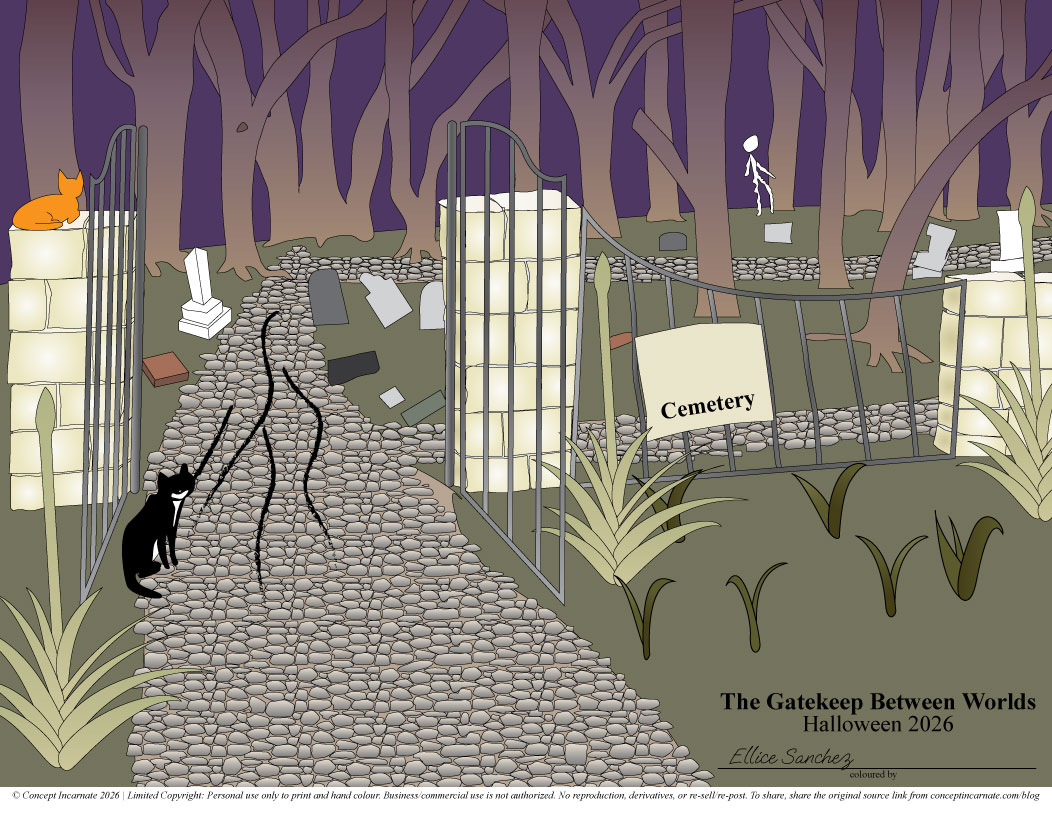cat walking towards cemetery with ghosts